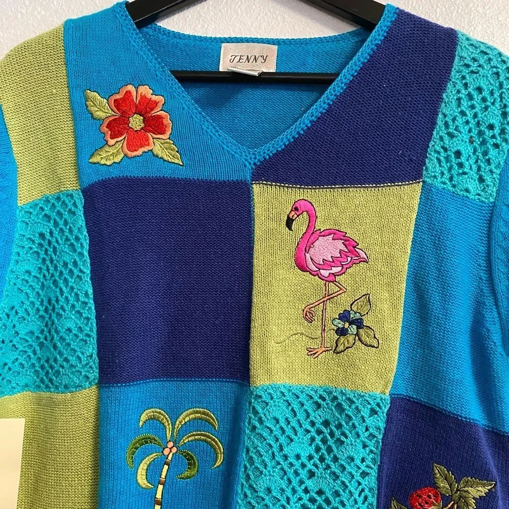 New Colorful M Flamingo Colorful Sweater Granny Bright Cottage Coquette b1-22 - Picture 4 of 10